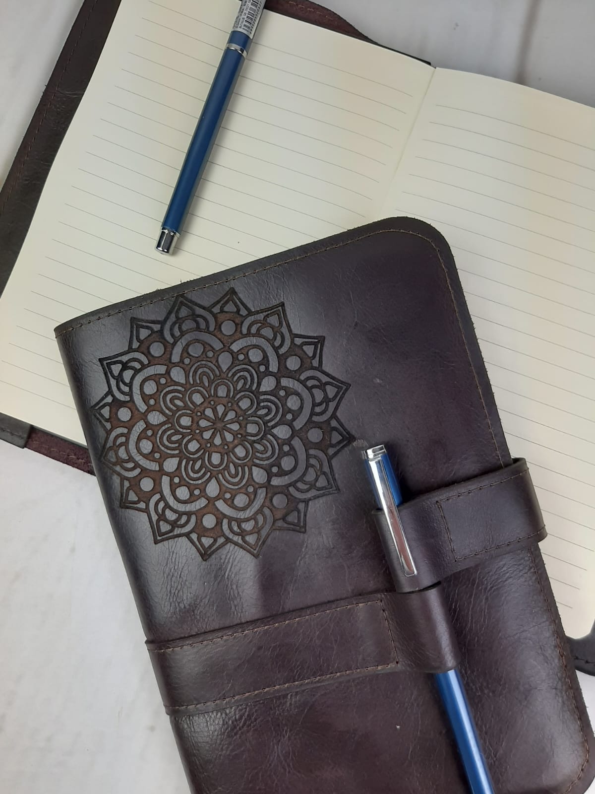 Engraved leather journal with mandala
